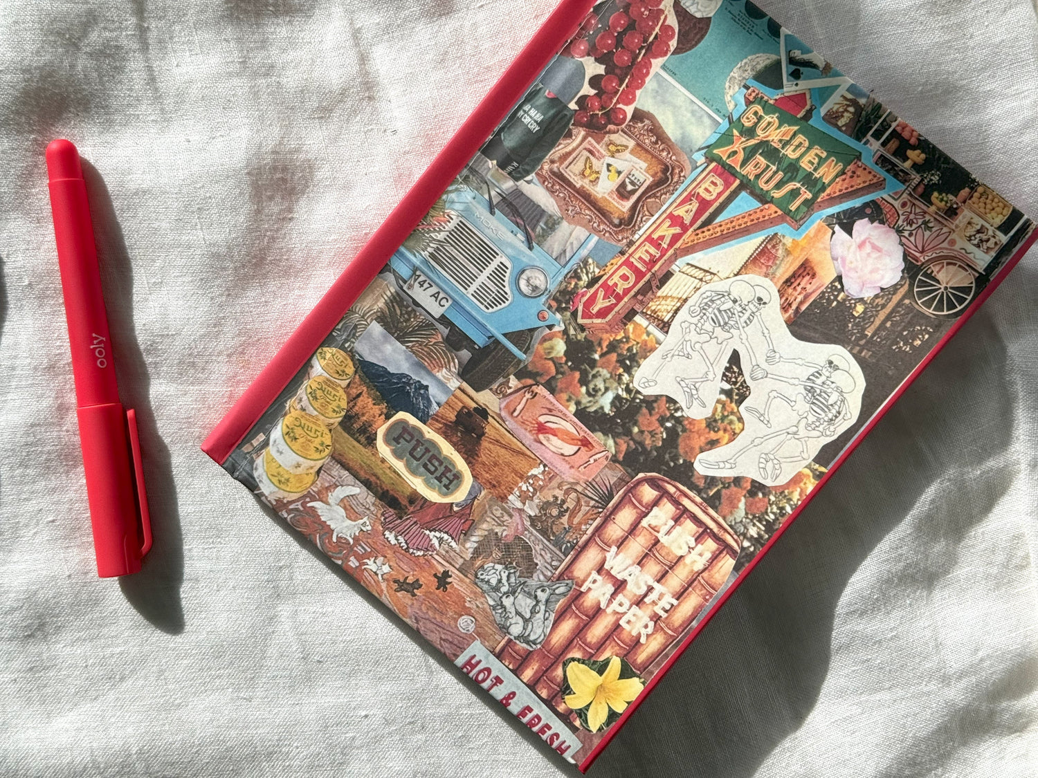 Sturdy hardcover journals with hand-made collages printed on the covers