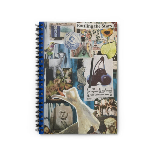 The front cover of the spiral-bound notebook called 'Bottling the Stars' features a handmade collage of of classical elements like an ancient sculpture, bold imagery like the graphic blue cherries, and ethereal accents. 