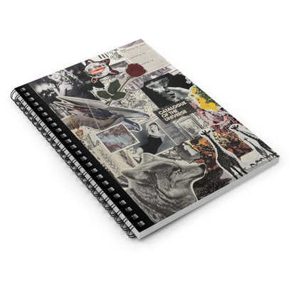 Angled view of 'Champagne Diet' notebook displays the custom designed collage cover and spiral binding