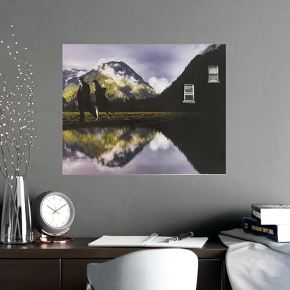 Mountain Reflection Analog Collage Poster — Romantic Lake Landscape Wall Art