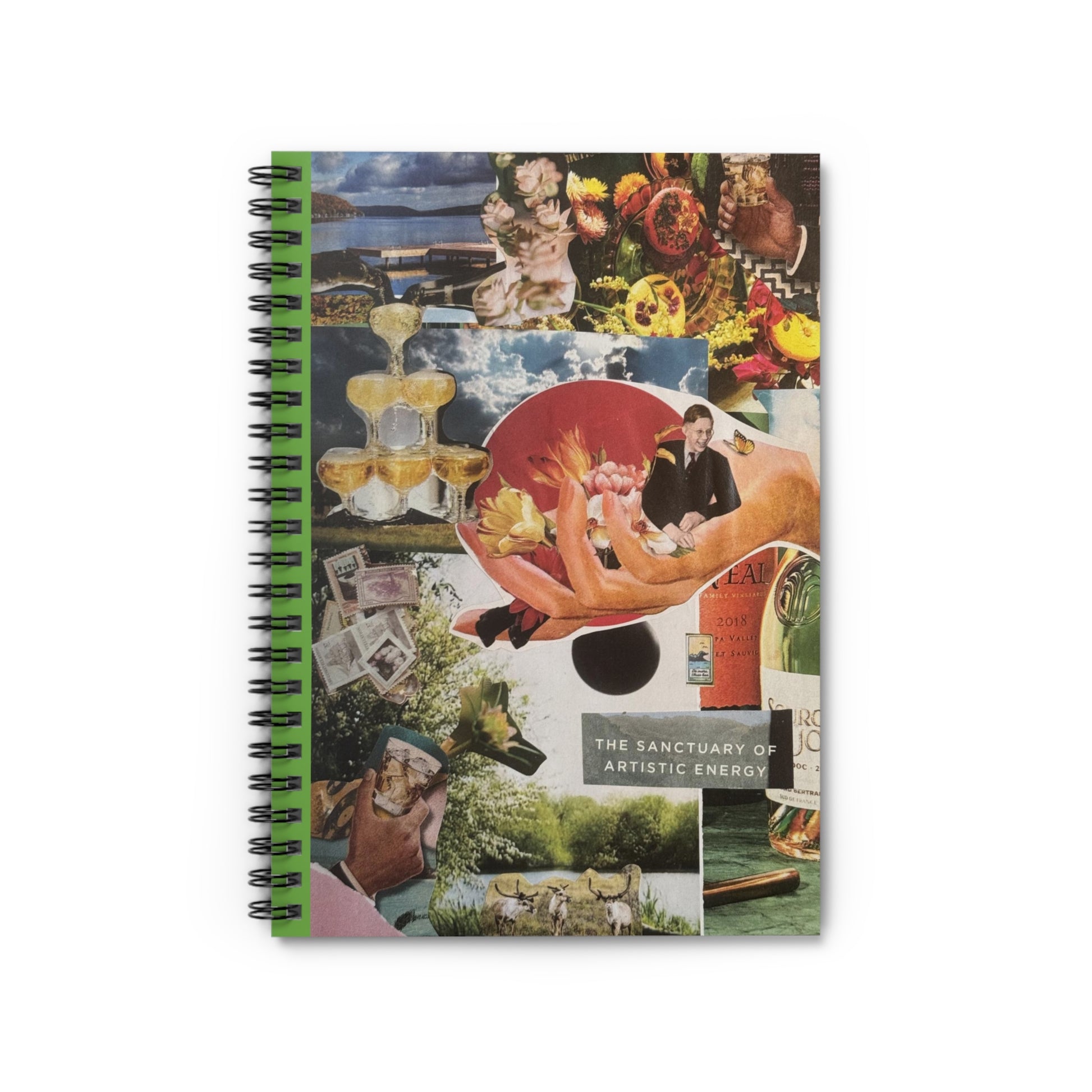 The front cover of the 'Artistic Energy' notebook features an intricate handmade collage with images of florals, vintage drinks, calming landscapes, and a champagne tower