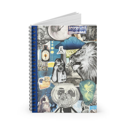 The slightly open 'Big Leo Energy' notebook shows the detailed collage cover and a glimpse of lined pages for writing, with a visible metal spiral binding and a margin for page numbers or dates.