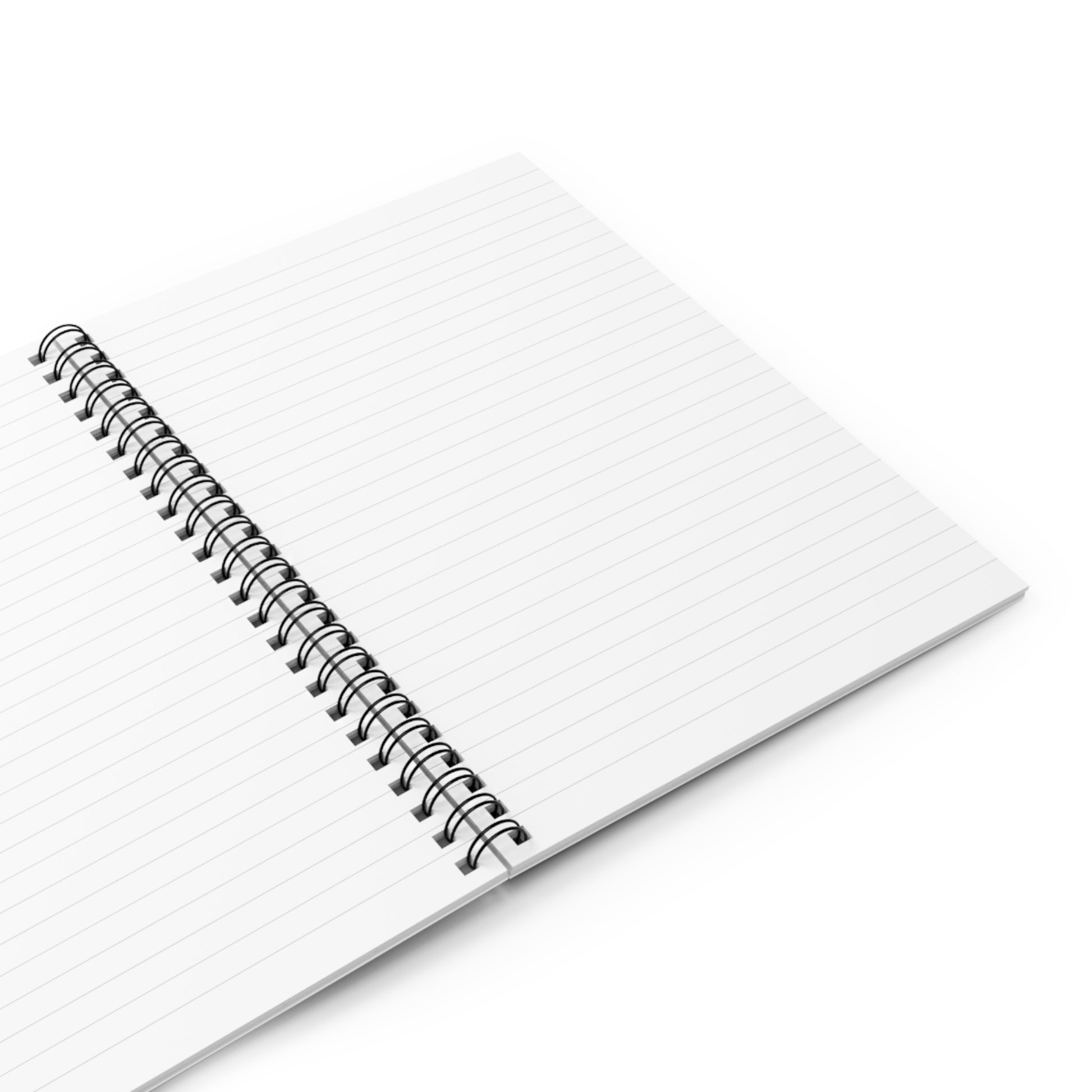 Open 'Biscuit Babe' notebook showing lined pages for writing, with a visible metal spiral binding and a margin for page numbers.