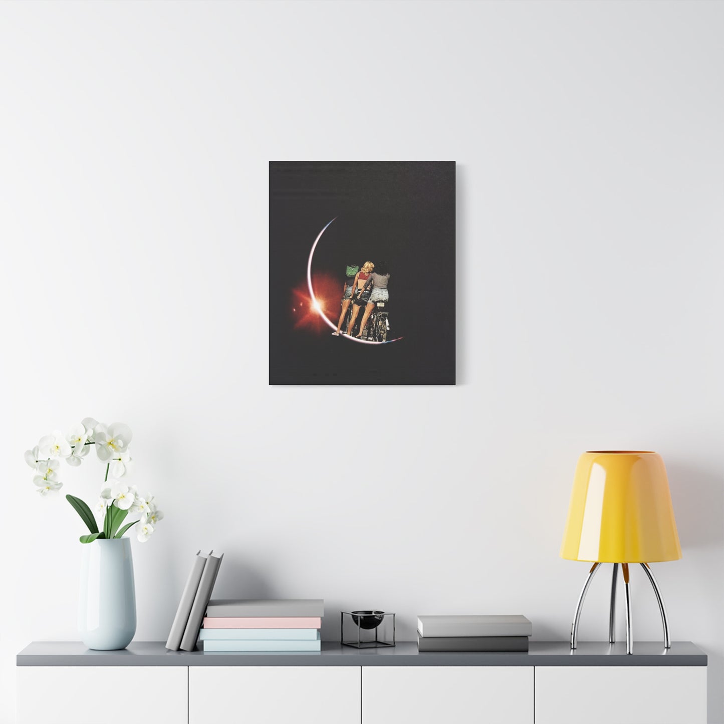Girlhood, Analog Collage – Dreamy Crescent Moon Art Canvas, Matte Stretched Canvas