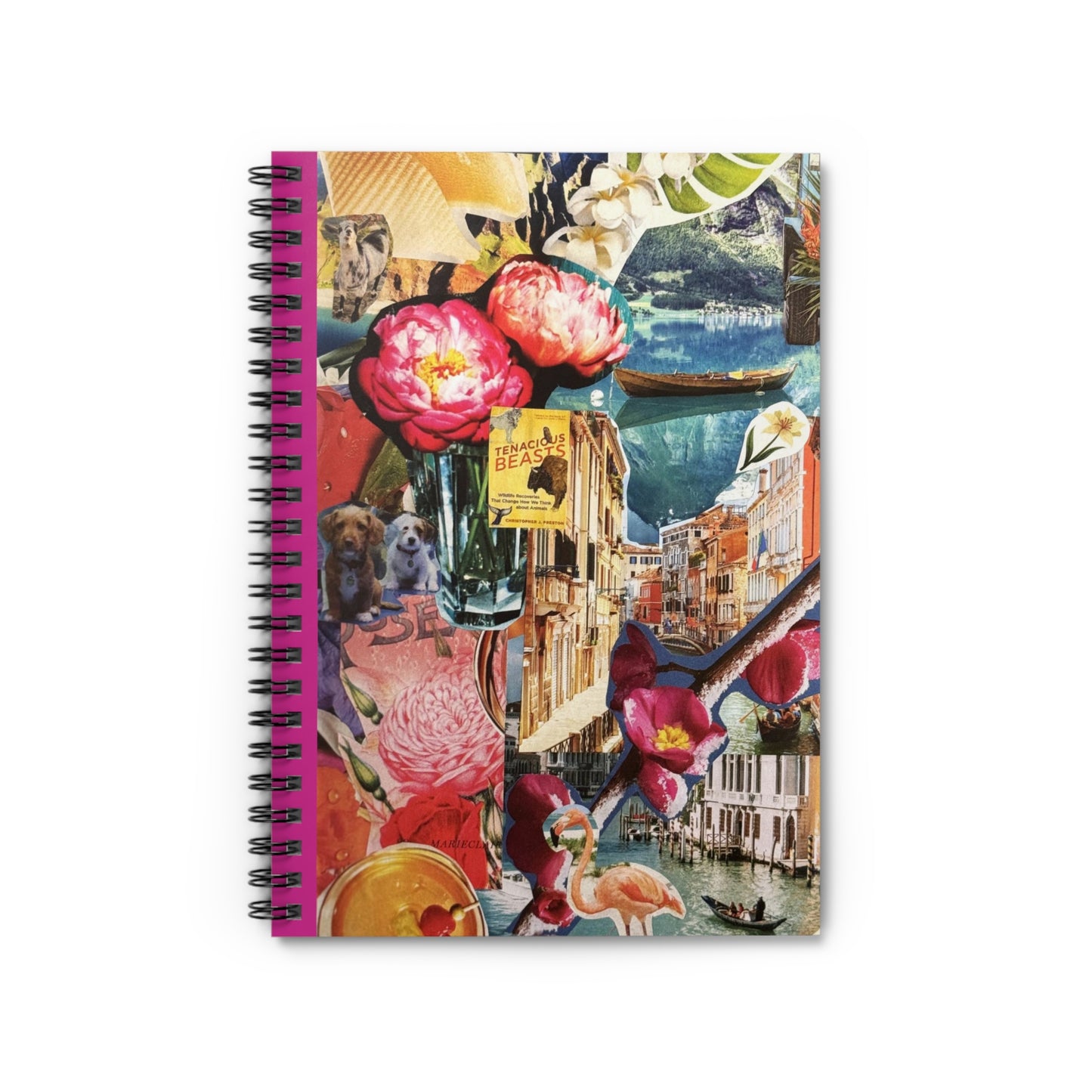 The 'Hot Pink Skies' notebook features cover art with a bright pink and turquoise theme. The handmade collage on its cover includes fun florals, cityscapes, nature scenes, and playful animals, invoking both urban sophistication and natural beauty.