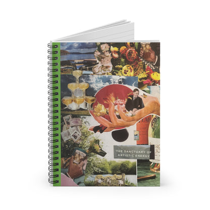 The slightly open 'Artistic Energy' notebook shows the detailed collage cover and a glimpse of lined pages for writing, with a visible metal spiral binding and a margin for page numbers or dates.