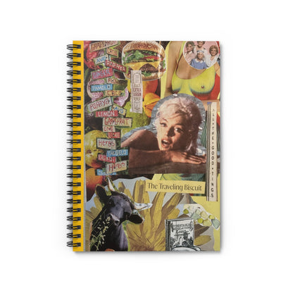 The front cover of the 'All the Good Things' notebook features a collage of vibrant, vintage images with a sunny yellow theme. Pictures include hand-painted fruit signs, a curious cow, Marilyn Monroe, a yellow flower, and a juicy cheeseburger