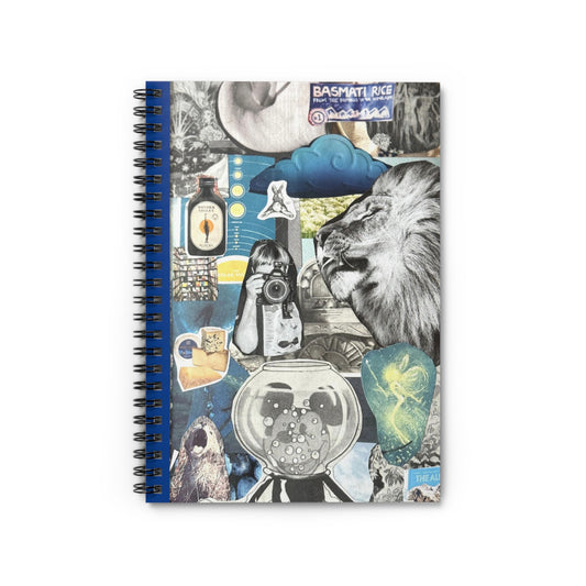 The front cover of the 'Big Leo Energy' notebook features a black white and blue themed collage, including images of a magestic lion, retro camera, Mikey Mouse, sprightly fairy and an array of cheeses. 