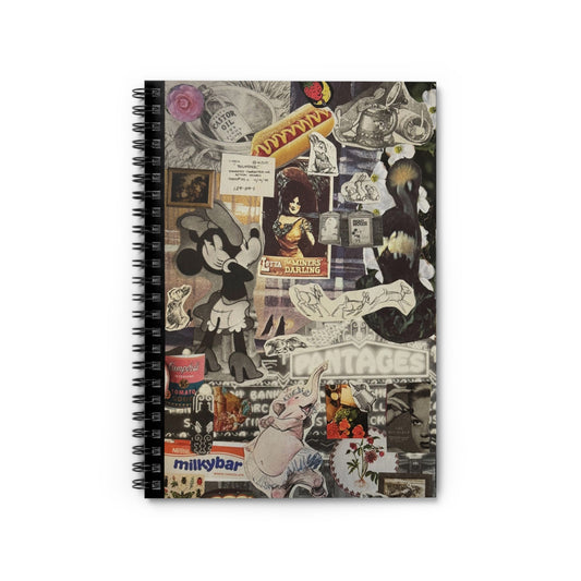 The front cover of the spiral-bound notebook called 'Disney Darling' features a handmade collage with vintage Disney characters and sketches, alongside fun splashes of color from florals, a dancing elephant, and mustard topped hot dog.  