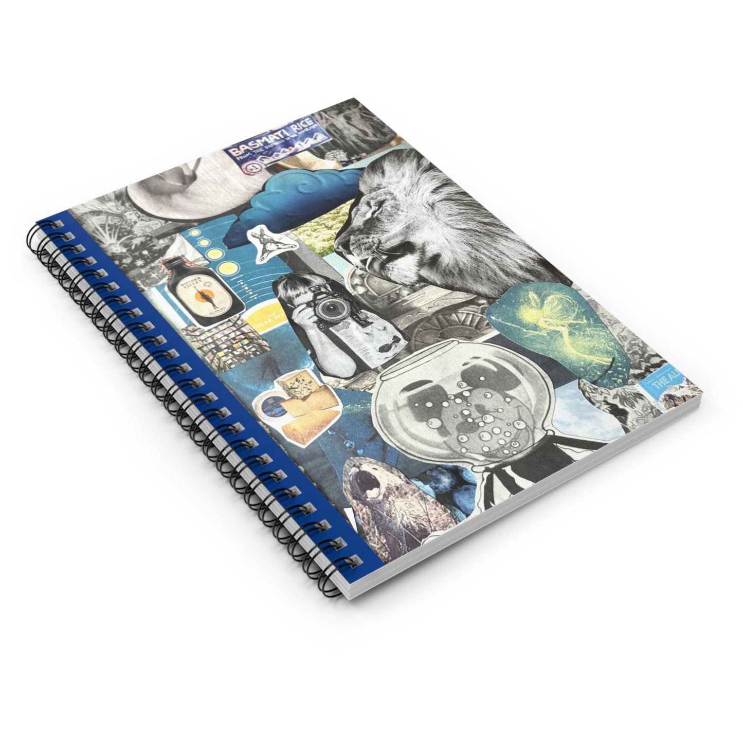 The angled view of the 'Big Leo Energy' notebook shows the spiral metal binding and custom-designed cover collage of classic back and white images with playful pops of vivid blues