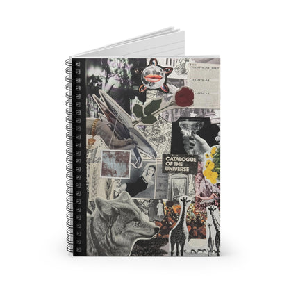 Slightly open 'Champagne Diet' notebook shows the detailed collage cover and a glimpse of lined pages for writing, with a visible metal spiral binding and a margin for page numbers or dates.