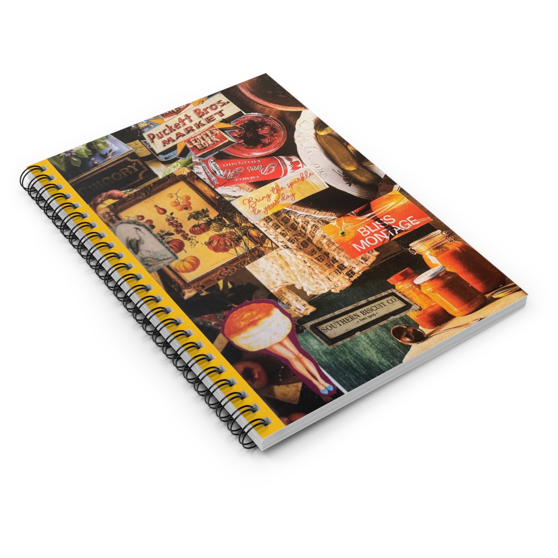 Angled view of 'Biscuit Babe' notebook, showing bold and cheerful yellow theme, and cover art that includes an intricate collage with fun vintage images, retro typography, and bold patterns.