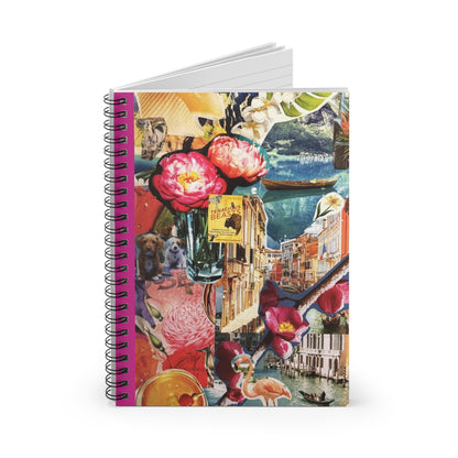 The 'Hot Pink Skies' notebook with custom collage designed cover, slightly open to reveal lined notebook pages. 