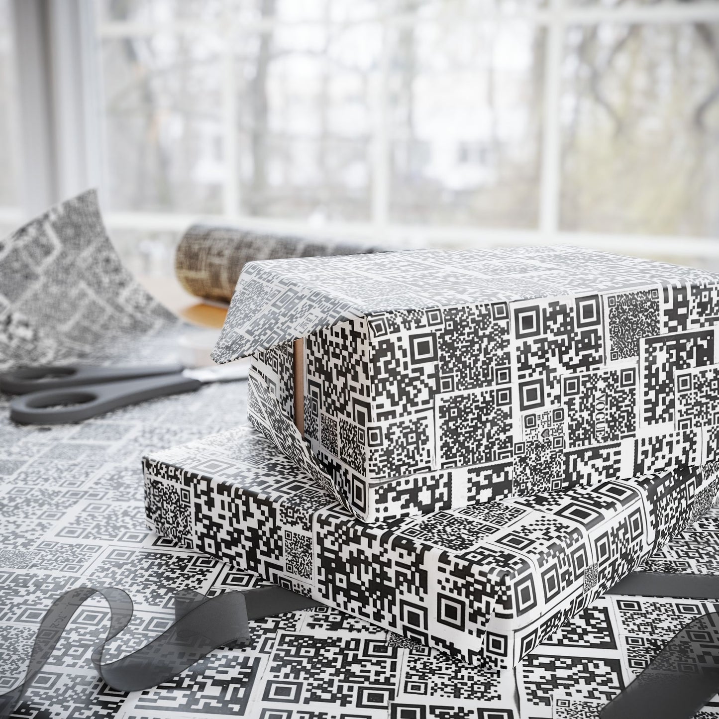 QR Code Pattern Wrapping Paper — Modern Black & White Gift Wrap