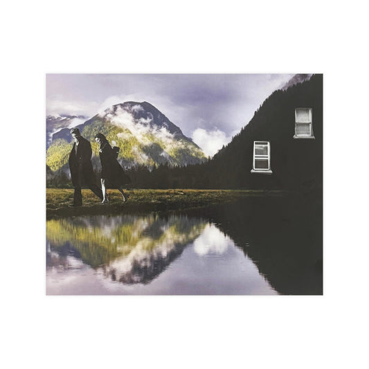 Mountain Reflection Analog Collage Poster — Romantic Lake Landscape Wall Art
