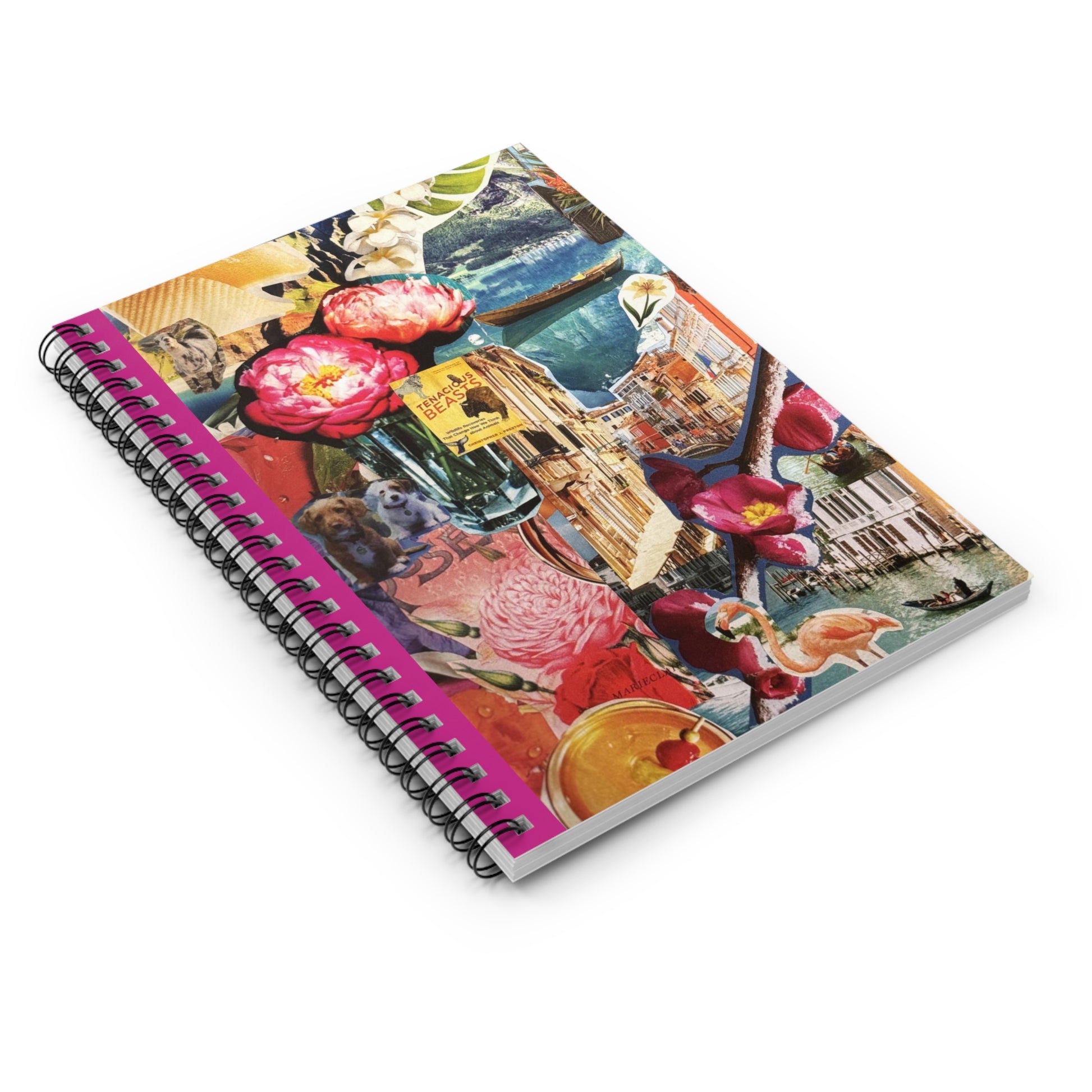 Angled view of 'Hot Pink Skies' notebook, showing bold and vibrant pink and blue theme, and cover art that includes an intricate collage with bright images and playful patterns.