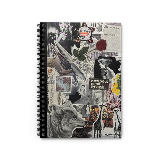 The front cover of the spiral-bound notebook called 'Champagne Diet' features a handmade collage of vintage black and white imagery, muted colorful accents, classic champagne pictures, and beautiful wildlife.