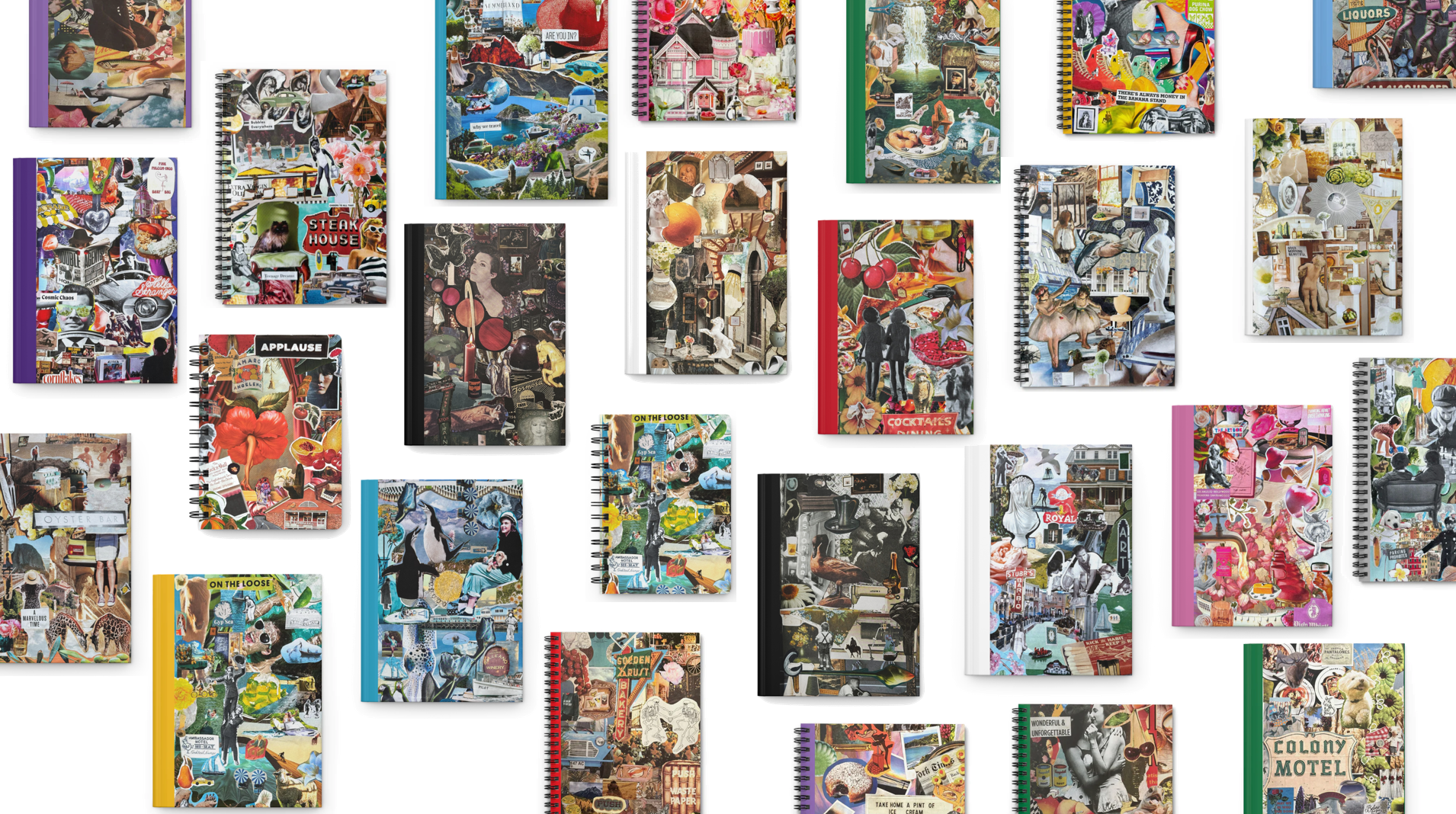 A collage of journals and notebooks that feature detailed, hand-crafted collages on their covers